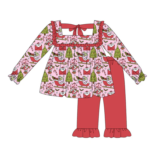 6.6 Preorder (moq 5)Baby Girls Pink Long Sleeves Candy Cane Trees Tunic Ruffle Pant Set
