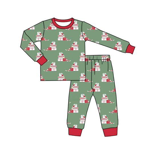 6.6 Preorder (moq 5)Baby Boys Dark Green Long Sleeves Gifts Plaid Top Pant Pajamas Set