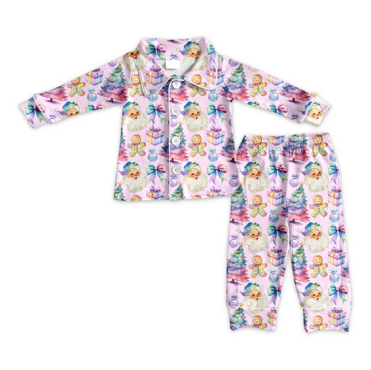 6.6 Preorder (moq 5)Baby Girls Lavender Long Sleeves Bows Santa Button Top Pant Pajamas Set
