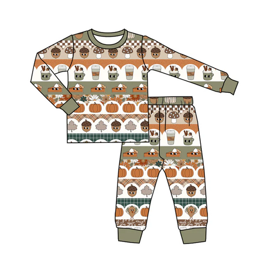 6.6 Preorder (moq 5)Baby Boys Green Long Sleeves Cakes Pumpkins Stripe Top Pant Pajamas Set