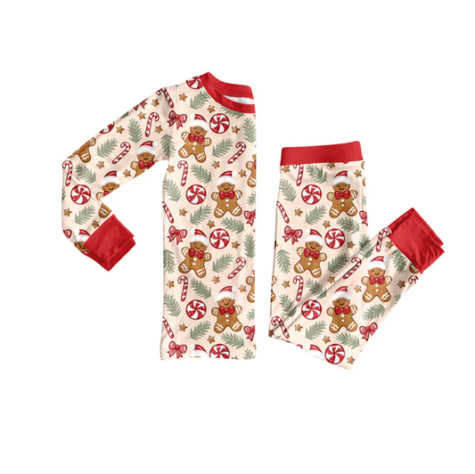 6.6 Preorder (moq 5)Baby Girls Red Long Sleeves Gingerbread Candy Cane Top Pant Pajamas Set