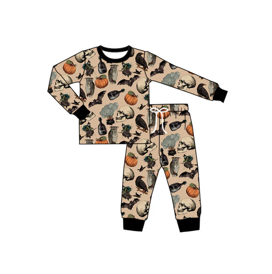6.6 Preorder (moq 5)Baby Boys Black Long Sleeves Bats Pumpkins Button Top Pant Pajamas Set