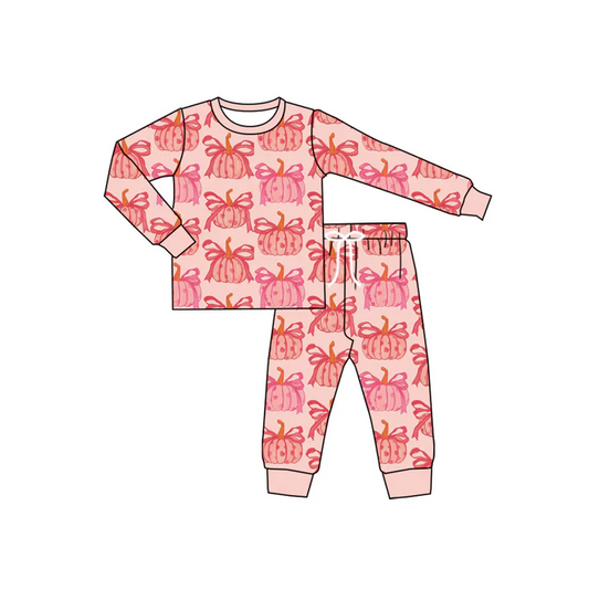 6.6 Preorder (moq 5)Baby Girls Peach Long Sleeves Bows Pumpkins Plaid Top Pant Pajamas Set