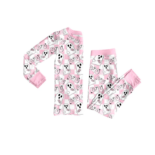 6.6 Preorder (moq 5)Baby Girls Pink Plaid Long Sleeves Ghost BOO Top Pant Pajamas Set