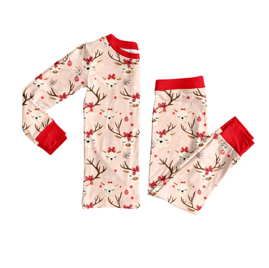 6.6 Preorder (moq 5)Baby Girls Red Long Sleeves Deer Bows Top Pant Pajamas Set