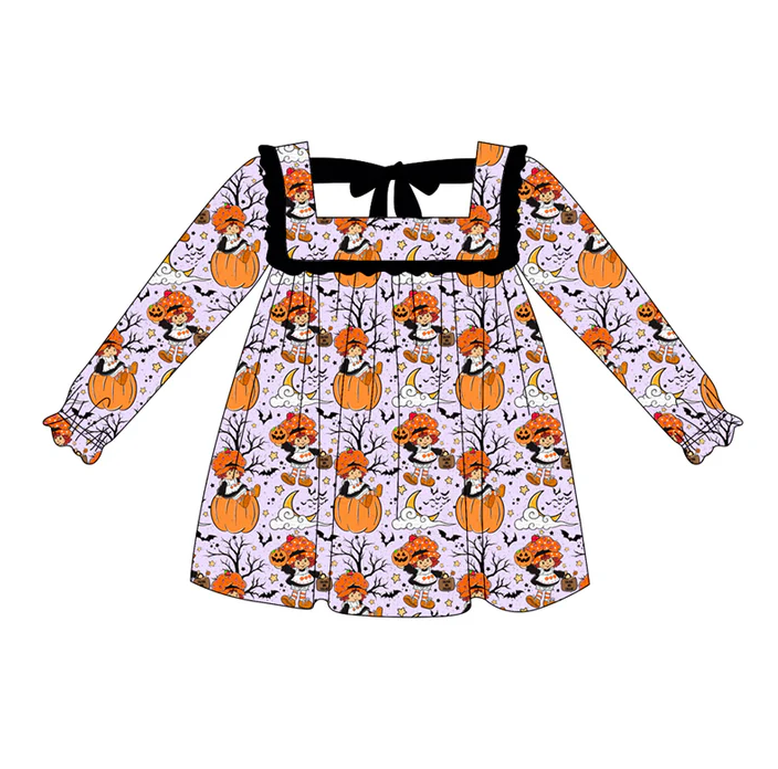6.6 Preorder (moq 5)Baby Girls Lavender Long Ruffle Sleeves Pumpkins Bats Knee Length Dresses