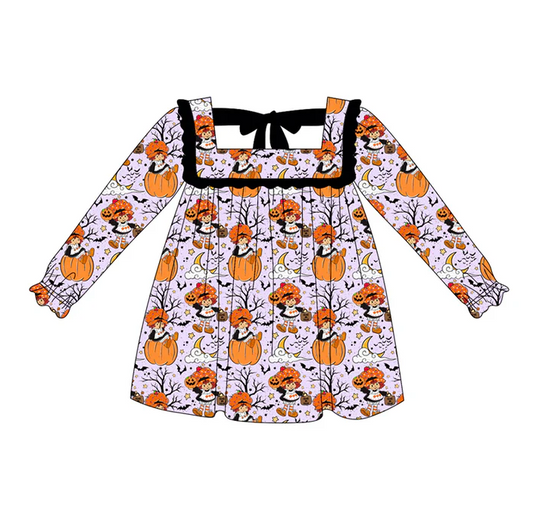 6.6 Preorder (moq 5)Baby Girls Lavender Long Ruffle Sleeves Pumpkins Bats Knee Length Dresses