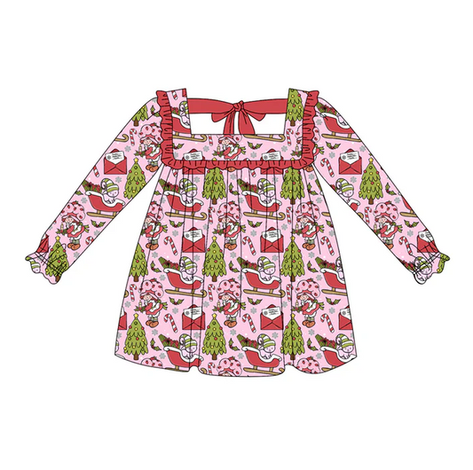 6.6 Preorder (moq 5)Baby Girls Pink Long Ruffle Sleeves Candy Cane Trees Knee Length Dresses