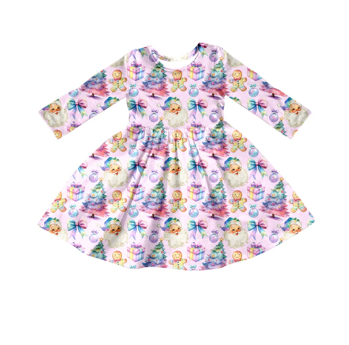 6.6 Preorder (moq 5)Baby Girls Lavender Long Sleeves Floral Trees Santa Knee Length Dresses