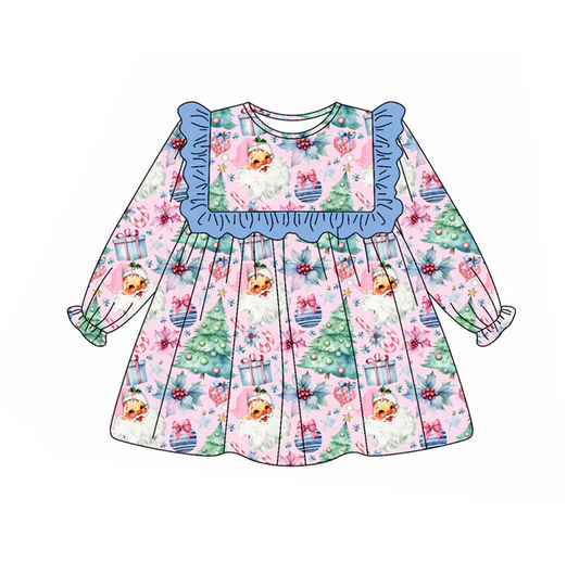 6.6 Preorder (moq 5)Baby Girls Blue Long Ruffle Sleeves Floral Trees Santa Knee Length Dresses