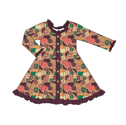 6.6 Preorder (moq 5)Baby Girls Purple Long Ruffle Sleeves Button Pumpkins Flowers Knee Length Dresses