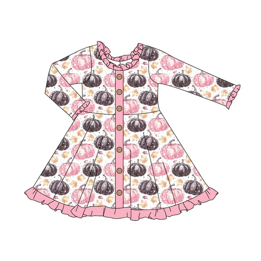 6.6 Preorder (moq 5)Baby Girls Pink Long Ruffle Sleeves Pumpkins Leaves Plaid Button Knee Length Dresses