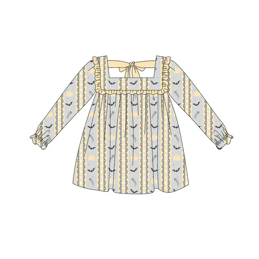 6.6 Preorder (moq 5)Baby Girls Long Ruffle Sleeves Yellow Pumpkins Bats Knee Length Dresses
