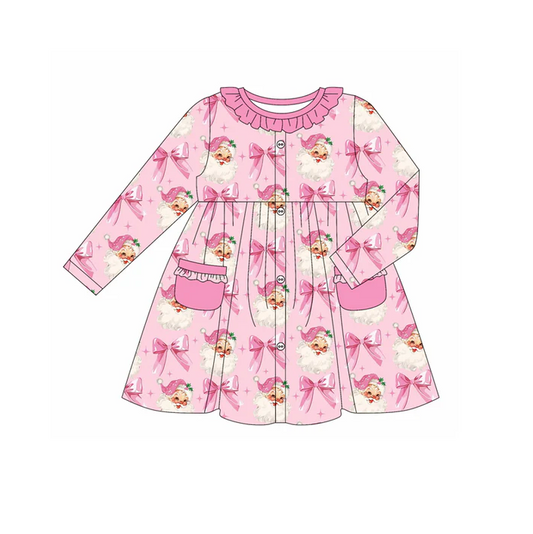 6.6 Preorder (moq 5)Baby Girls Pink Long Sleeves Bows Santa Pockets Button Ruffle Knee Length Dresses