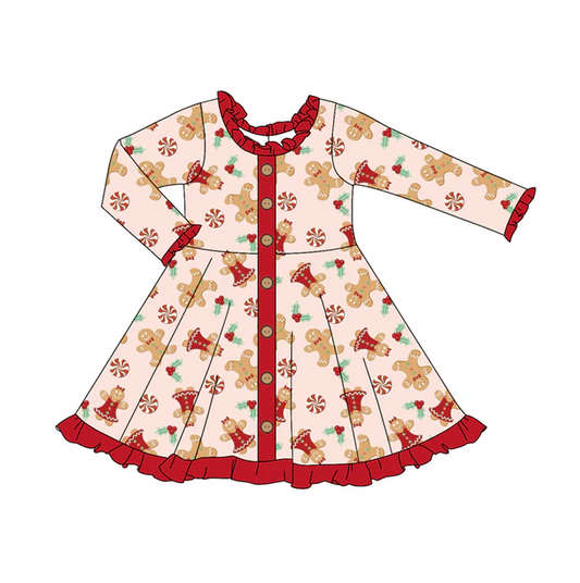 6.6 Preorder (moq 5)Baby Girls Red Long Ruffle Sleeves Button Gingerbread Knee Length Dresses