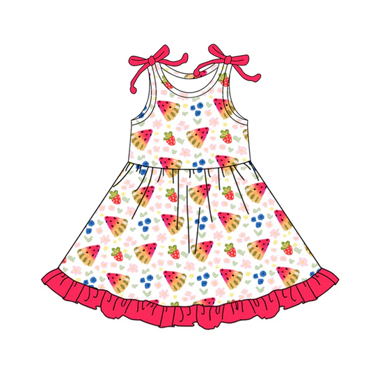 6.6 Preorder (moq 5)Baby Girls Bows Strap Watermelon Flowers Ruffle Knee Length Dresses
