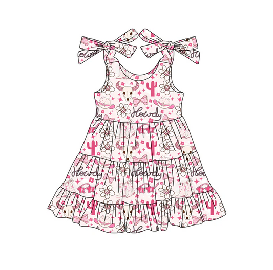 6.6 Preorder (moq 5)Baby Girls Bows Strap Bull Skull Flowers Howdy Ruffle Knee Length Dresses