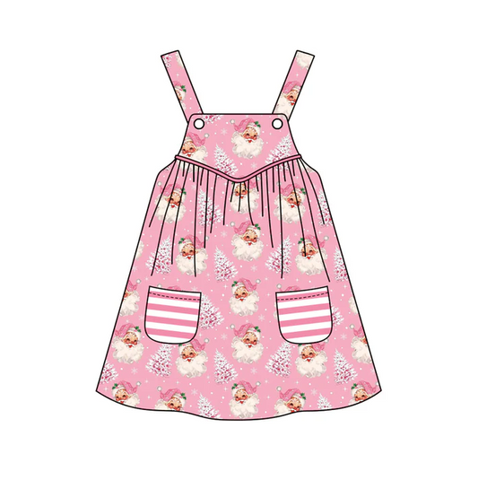 6.6 Preorder (moq 5)Baby Girls Pink Bows Strap Trees Santa Stripe Pockets Knee Length Dresses