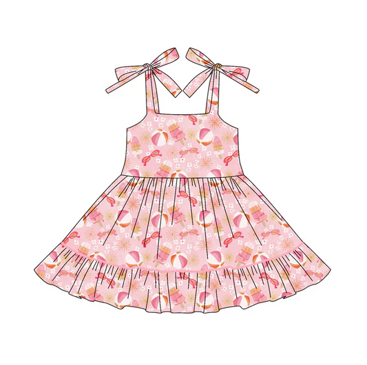 6.6 Preorder (moq 5)Baby Girls Pink Bows Strap Glasses Beach Ruffle Knee Length Dresses