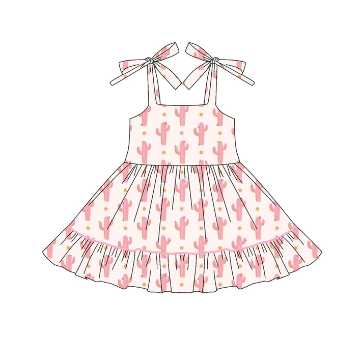 6.6 Preorder (moq 5)Baby Girls Bows Strap Pink Cactus Polka Dots Ruffle Knee Length Dresses