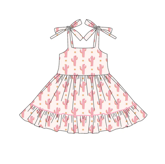 6.6 Preorder (moq 5)Baby Girls Bows Strap Pink Cactus Polka Dots Ruffle Knee Length Dresses