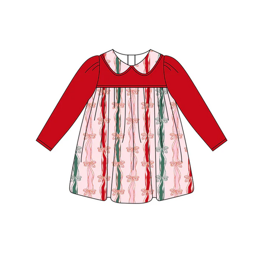 6.6 Preorder (moq 5)Baby Girls Red Long Sleeves Bows Stripes Knee Length Dresses