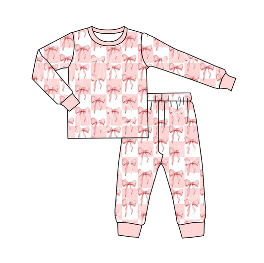 6.7 Preorder (moq 5)Baby Girls Pink Checkered Bows Long Sleeves Top Pant Pajamas Sets
