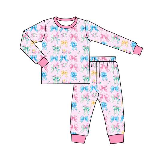 6.7 Preorder (moq 5)Baby Girls Colorful Bows Long Sleeves Top Pant Pajamas Sets