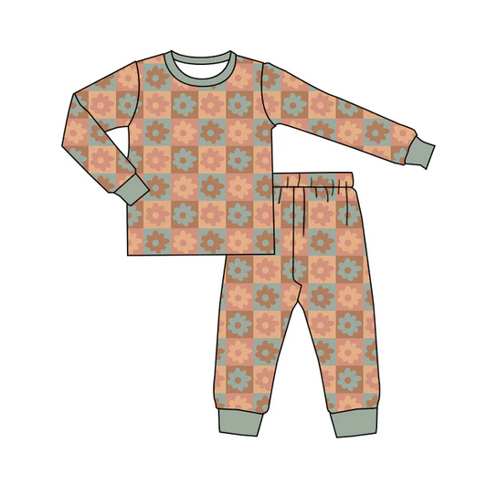 6.7 Preorder (moq 5)Baby Girls Groovy Flowers Checkered Long Sleeves Top Pant Pajamas Sets