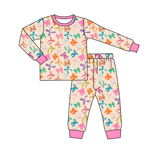 6.7 Preorder (moq 5)Baby Girls Pink Colorful Bows Long Sleeves Top Pant Pajamas Sets