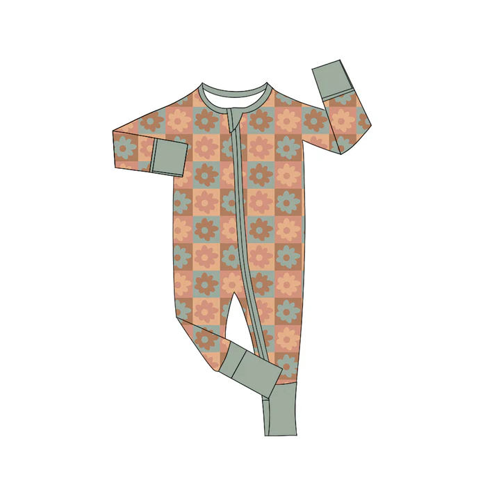 6.7 Preorder (moq 5)Baby Girls Groovy Flowers Checkered Long Sleeves Zipper Rompers