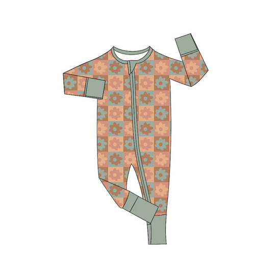 6.7 Preorder (moq 5)Baby Girls Groovy Flowers Checkered Long Sleeves Zipper Rompers