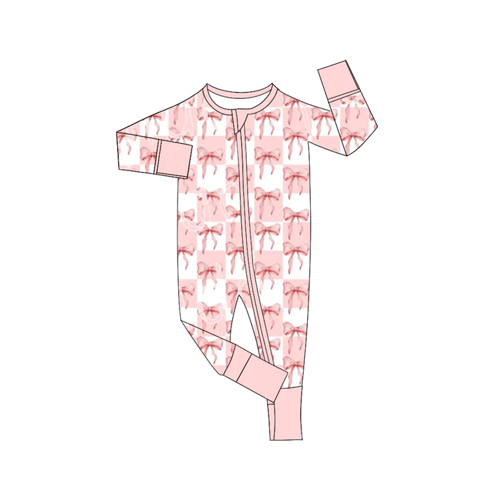 6.7 Preorder (moq 5)Baby Girls Pink Bows Checkered Long Sleeves Zipper Rompers