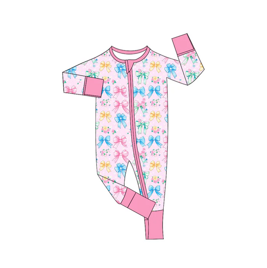 6.7 Preorder (moq 5)Baby Girls Colorful Bows Long Sleeves Zipper Rompers