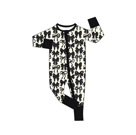 6.7 Preorder (moq 5)Baby Girls Black Bows Long Sleeves Zipper Rompers