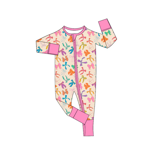 6.7 Preorder (moq 5)Baby Girls Pink Colorful Bows Long Sleeves Zipper Rompers