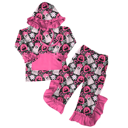 6.7 Preorder (moq 5)Baby Girls Fall Pink Ghost Pumpkins Hoodies Top Ruffle Pant Sets