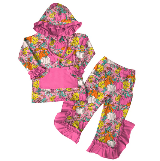 6.7 Preorder (moq 5)Baby Girls Fall Pink Flowers Pumpkins Hoodies Top Ruffle Pant Sets