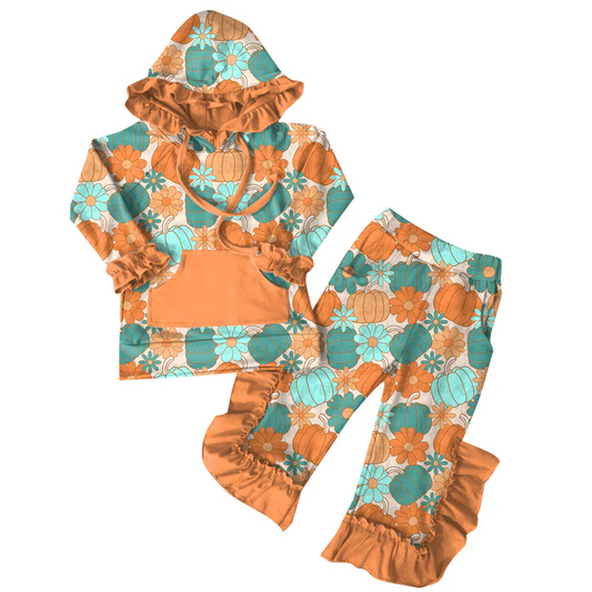 6.7 Preorder (moq 5)Baby Girls Fall Flowers Pumpkins Hoodies Top Ruffle Pant Sets
