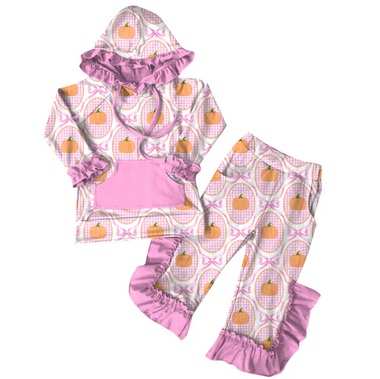 6.7 Preorder (moq 5)Baby Girls Halloween Pink Pumpkins Hoodies Top Ruffle Pant Sets