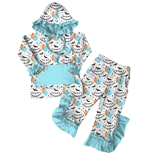 6.7 Preorder (moq 5)Baby Girls Halloween Pumpkins Bats Hoodies Top Ruffle Pant Sets