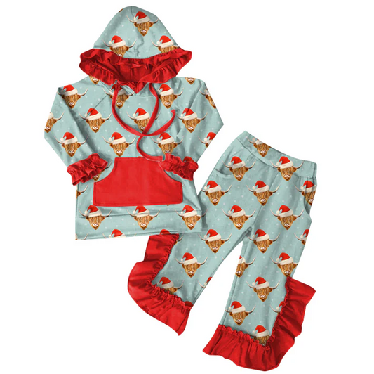 6.7 Preorder (moq 5)Baby Girls Christmas Highland Cow Hoodies Top Ruffle Pant Sets