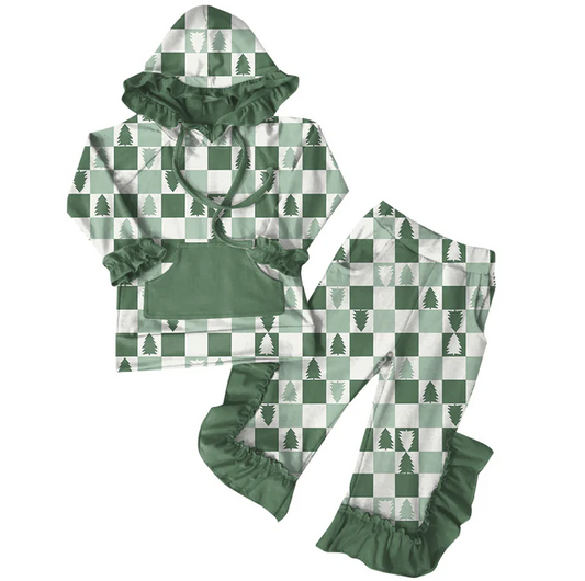 6.7 Preorder (moq 5)Baby Girls Christmas Green Trees Hoodies Top Ruffle Pant Sets