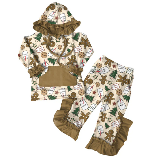 6.7 Preorder (moq 5)Baby Girls Christmas Gingerbread Hoodies Top Ruffle Pant Sets