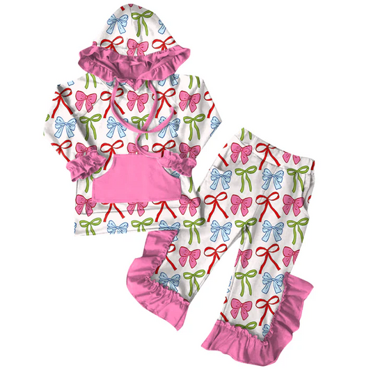 6.7 Preorder (moq 5)Baby Girls Pink Colorful Bows Hoodies Top Ruffle Pant Sets