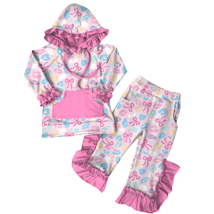 6.7 Preorder (moq 5)Baby Girls Pink Bows Leopard Hoodies Top Ruffle Pant Sets