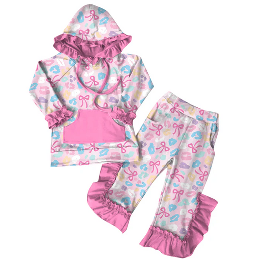 6.7 Preorder (moq 5)Baby Girls Pink Bows Leopard Hoodies Top Ruffle Pant Sets