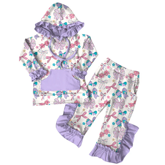 6.7 Preorder (moq 5)Baby Girls Purple Bows Hoodies Top Ruffle Pant Sets