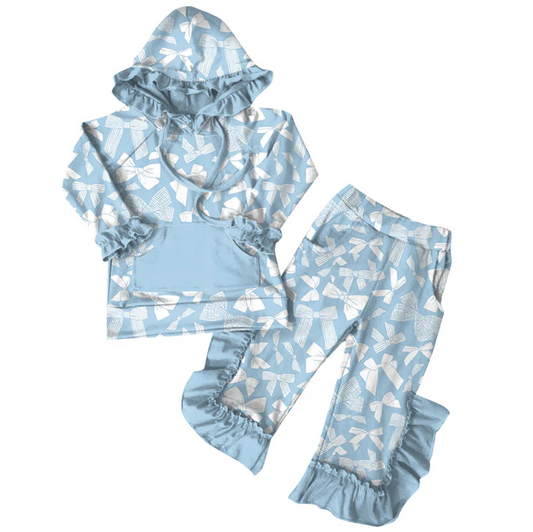 6.7 Preorder (moq 5)Baby Girls Blue Bows Hoodies Top Ruffle Pant Sets