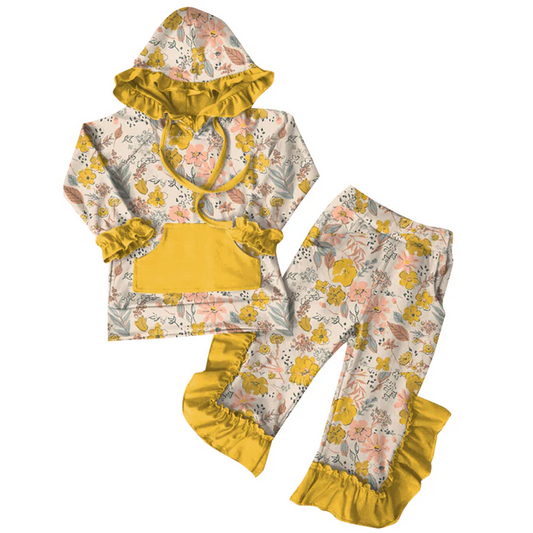 6.7 Preorder (moq 5)Baby Girls Yellow Pink Flowers Hoodies Top Ruffle Pant Sets